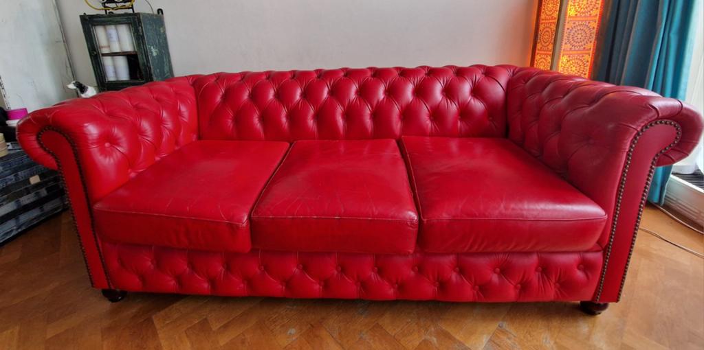 Prachtige rode lederen 3-zits type Chesterfield bank, Ophalen, Gebruikt, Chesterfield, Driepersoons