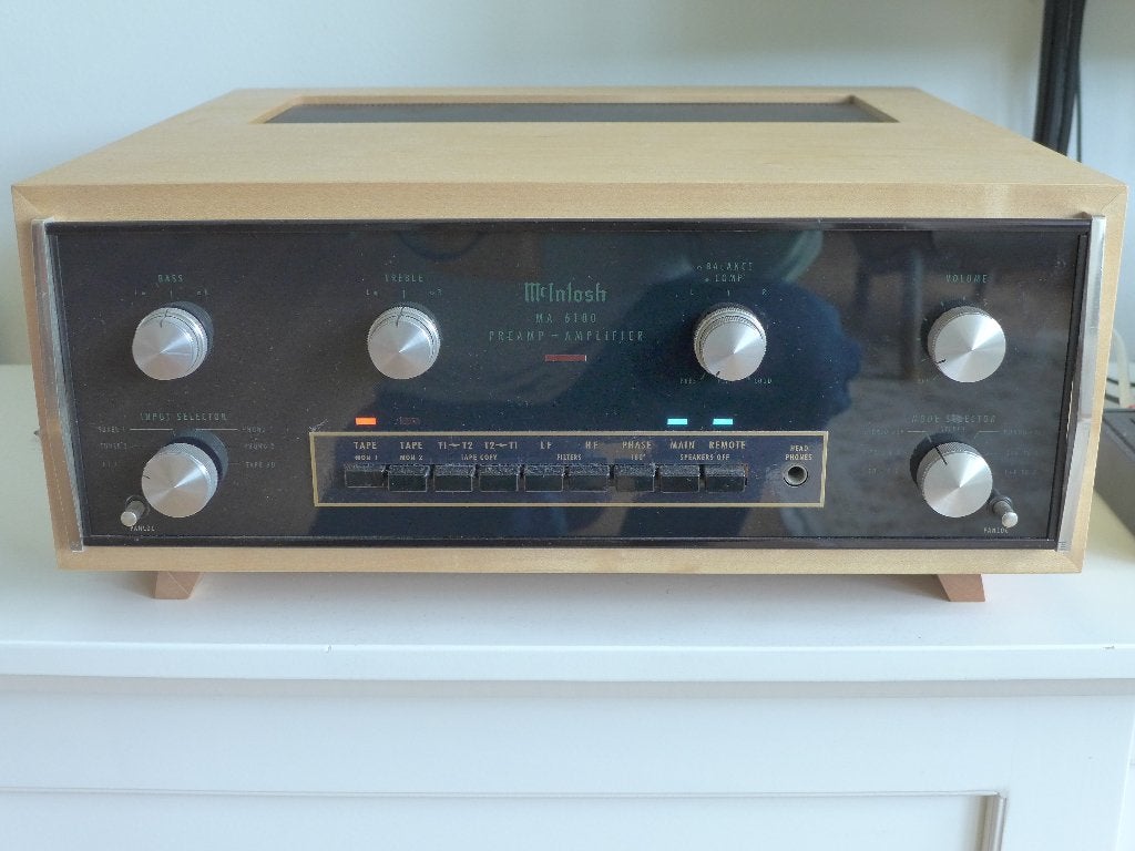 McIntosh MA6100 versterker met esdoorn L52A ombouw, Gebruikt, 60 tot 120 watt, Stereo, Ophalen