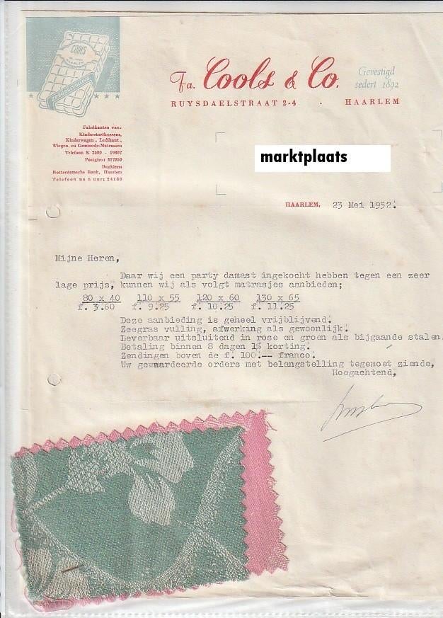 Haarlem Cools fabriek  van kindermatrassen factuur 1952, Ophalen of Verzenden, Zo goed als nieuw, Overige typen