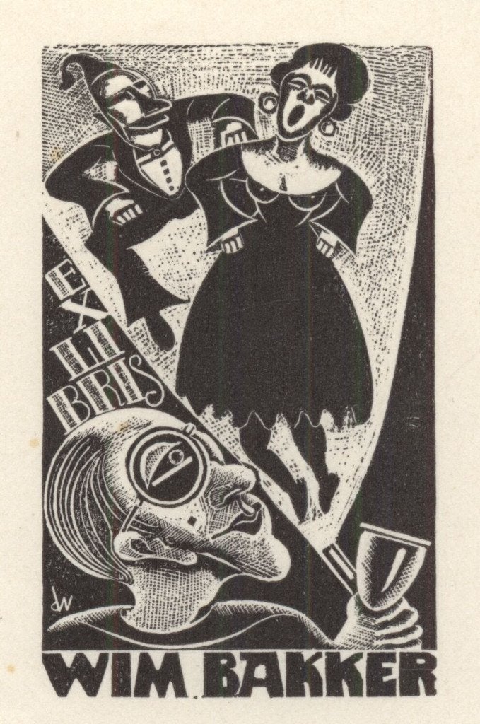 0375 Ex Libris Nederland : Cor de Wolff, 1948, Antiek en Kunst, Kunst | Etsen en Gravures, Verzenden, Ex libris
