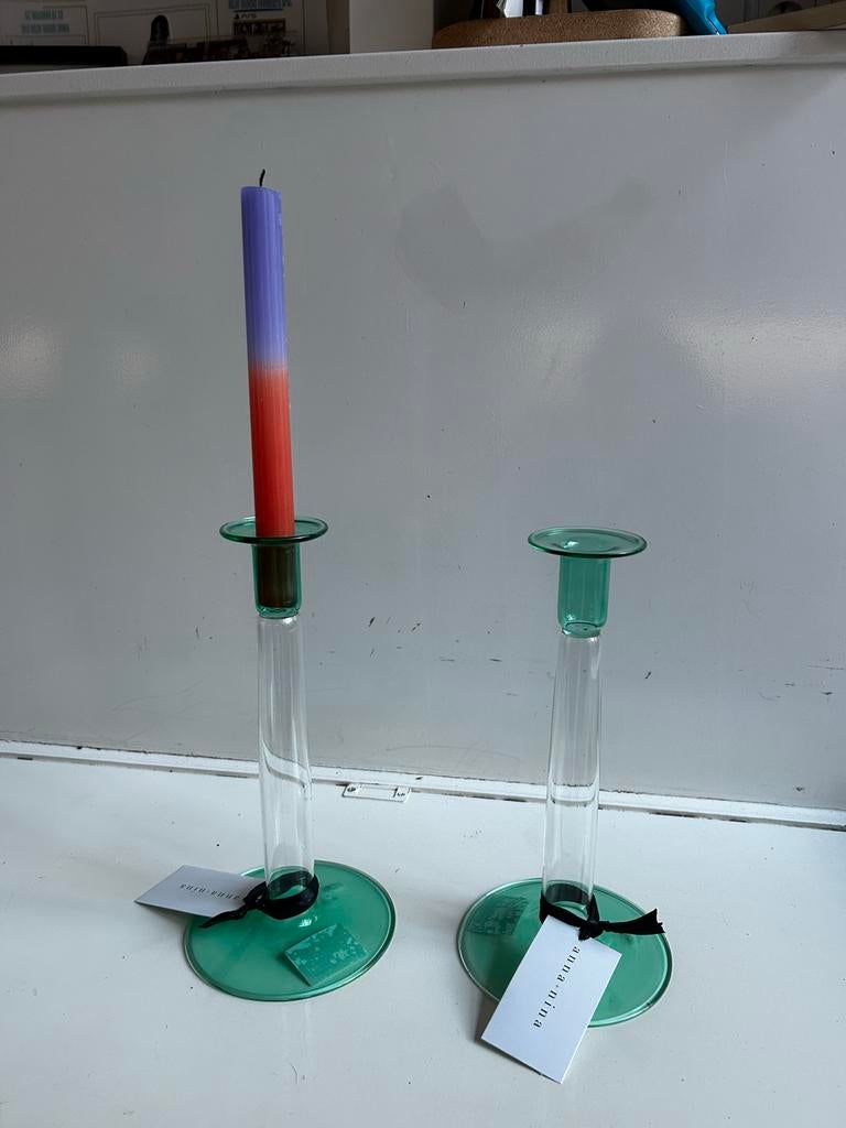 Set van 2 Anna + Nina glazen kandelaren - Seafoam Green, Huis en Inrichting, Woonaccessoires | Kandelaars en Kaarsen, Ophalen