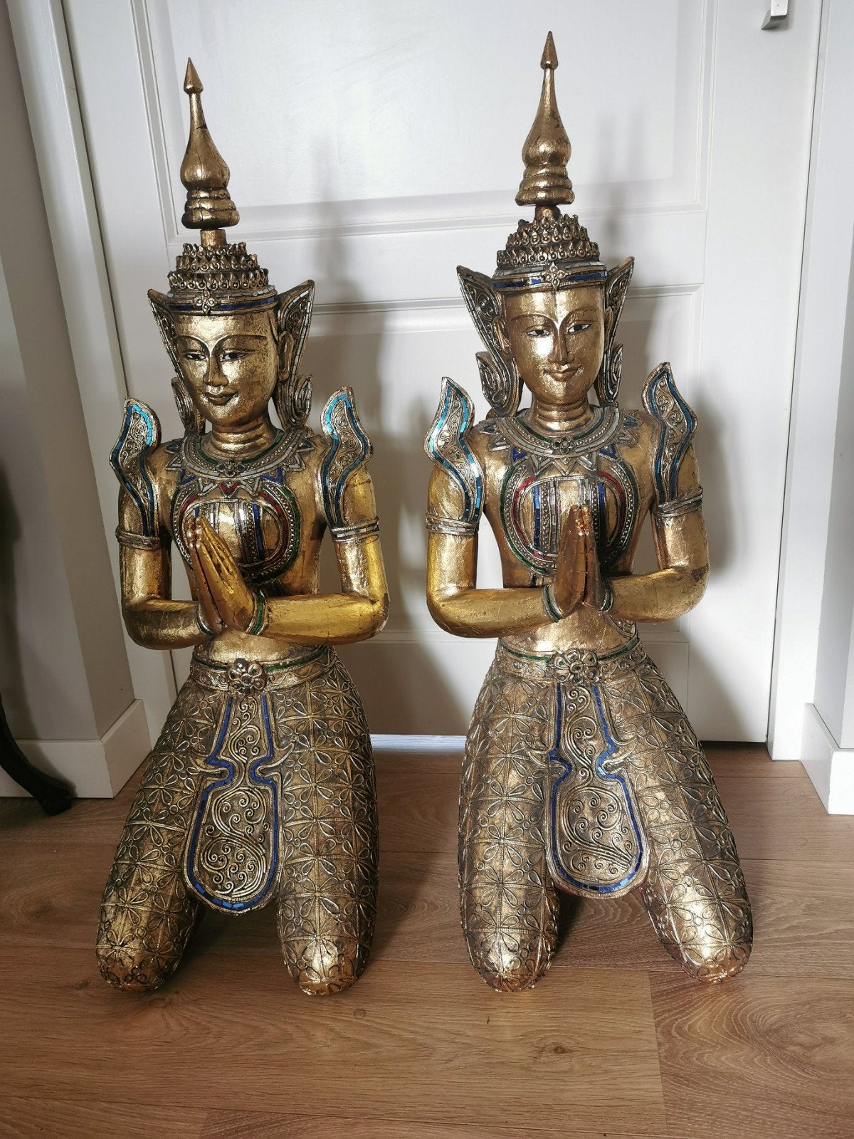 Prachtige grote poortwachters, set van 2, Handgemaakt, Beeld, Hout, Goud