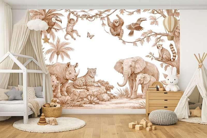 Fotobehang / Behang - Kinderkamer - Safari Dieren Terracotta, Verzenden, Nieuw, Wanddecoratie, Info@fotobehangkoning.nl