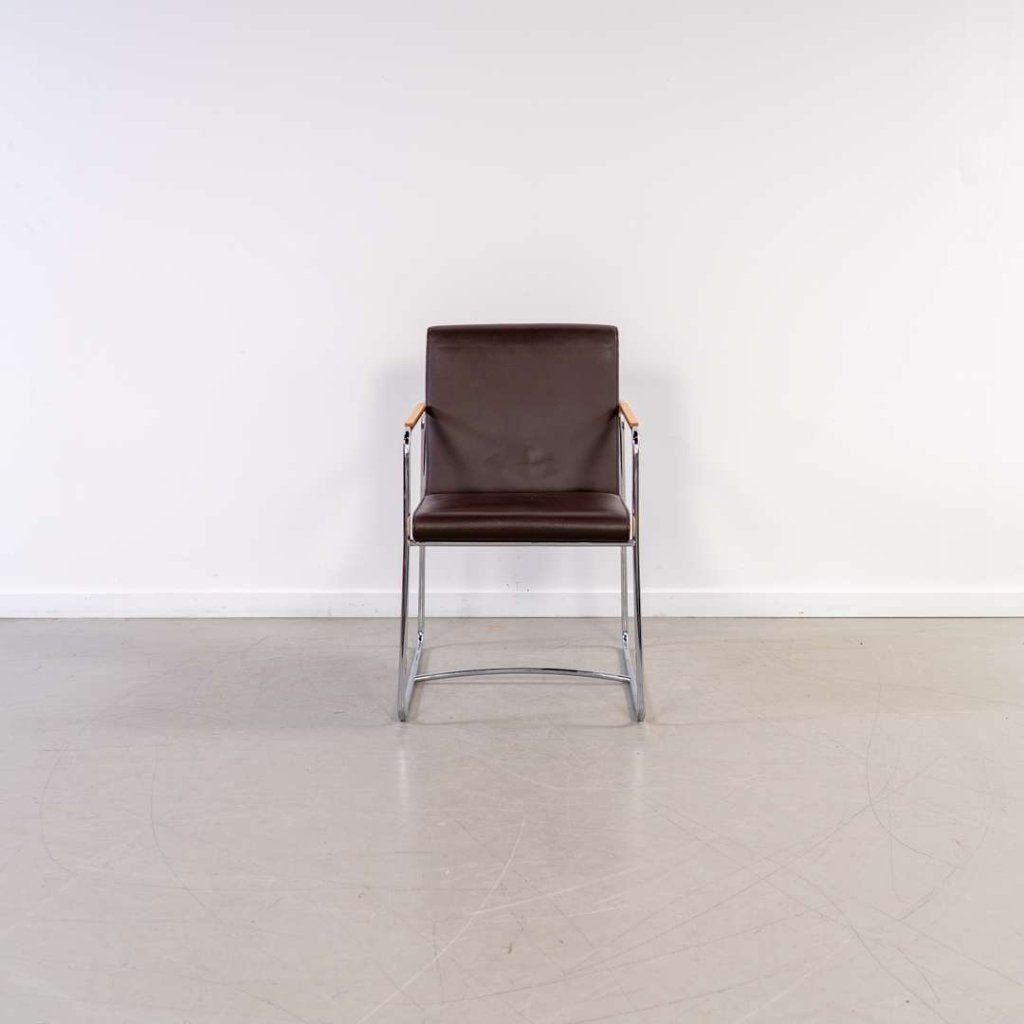 1x Leolux Spring (Eetkamer) Stoel Bruin/Beige Leer – Chroom, Niet ingevuld, Niet ingevuld, Ophalen of Verzenden, Zo goed als nieuw