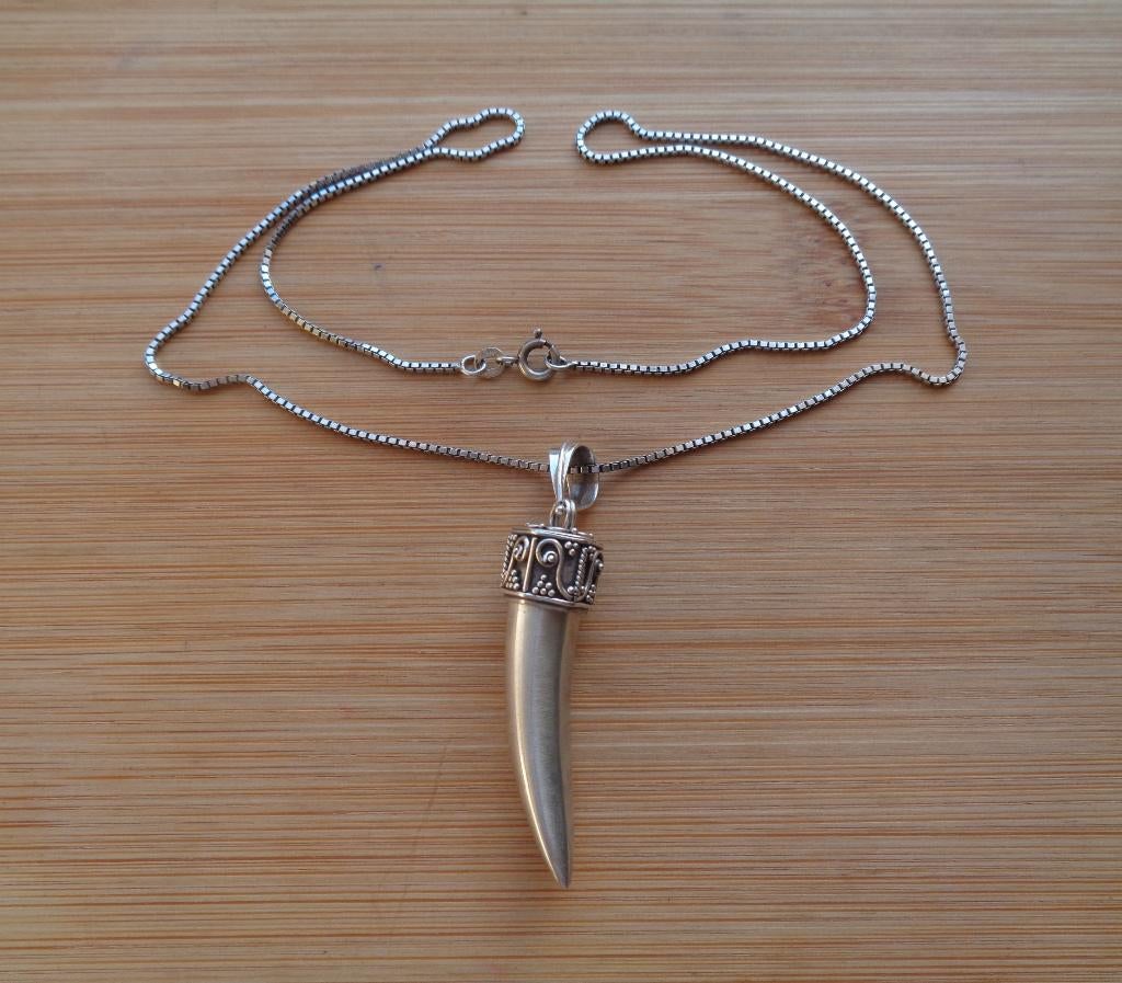 zilveren ketting met olifant tand hanger [017], Met hanger, Verzenden, Zo goed als nieuw, Zilver