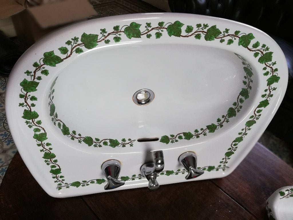 Prachtige Franse wastafel set groene klimop decor randen, Huis en Inrichting, Ophalen, 50 tot 100 cm, Zo goed als nieuw, Minder dan 100 cm