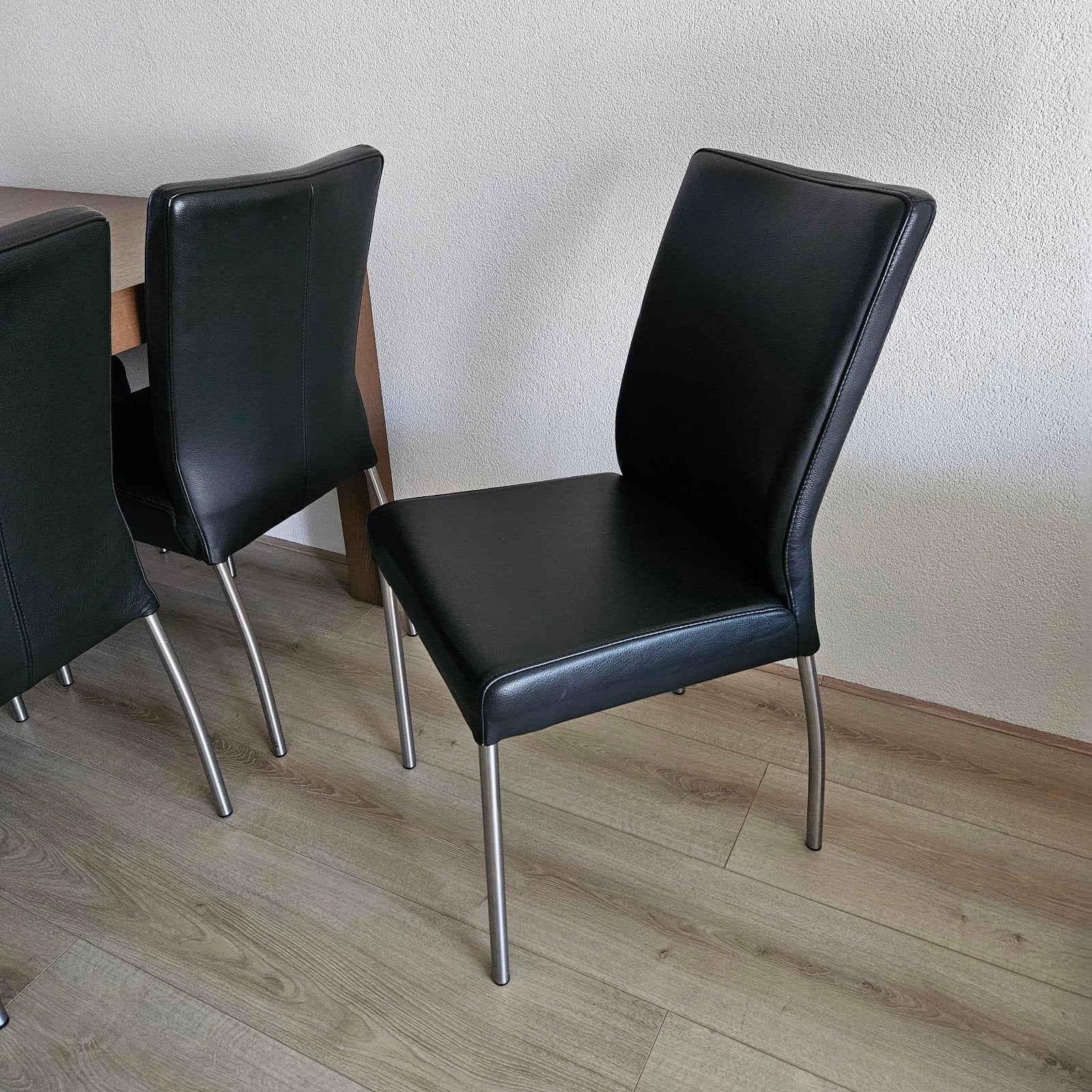 Eetkamerstoelen 6 stuks - Zwart leer met metalen poten., Ophalen, Gebruikt, Zwart, Leer