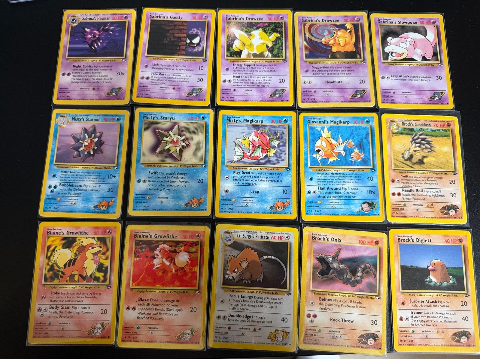 Pokémon kaarten - Blaines Growlithe, Misty's Staryu, Sabrina, Ophalen of Verzenden, Gebruikt, Meerdere kaarten