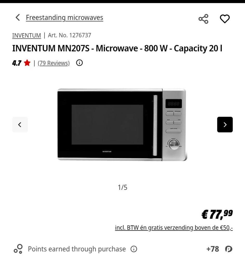 Inventum MN207s MICROWAVE, Hete lucht, Ophalen of Verzenden, Draaiplateau, Magnetron