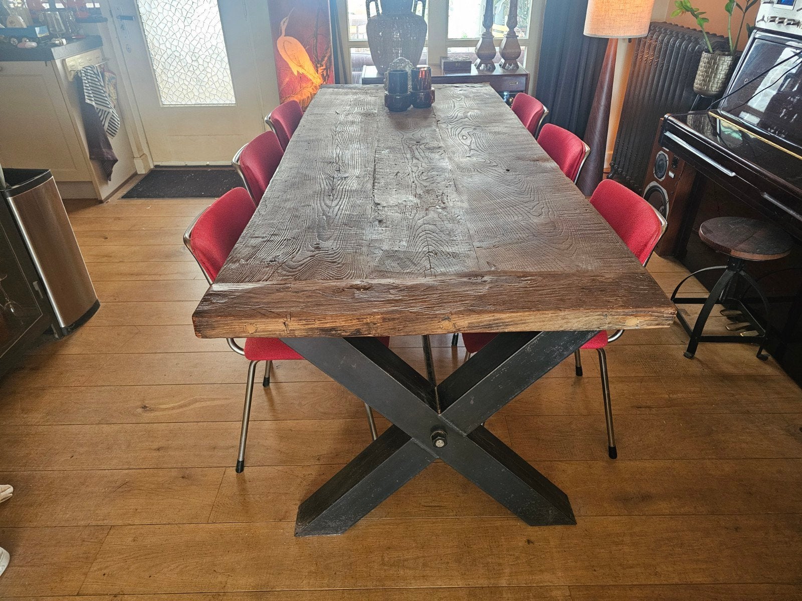 Prachtige industriele eettafel massief eiken onderstel staal, Ophalen, Gebruikt, Eikenhout, 200 cm of meer