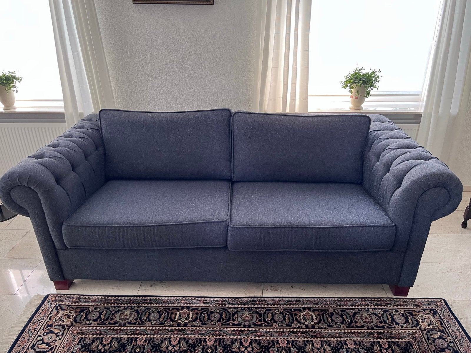 Stijlvolle zithoek met 2-zit en 2,5 zit in donkerblauw stof, Huis en Inrichting, Ophalen, Gebruikt, Klassiek, 150 tot 200 cm