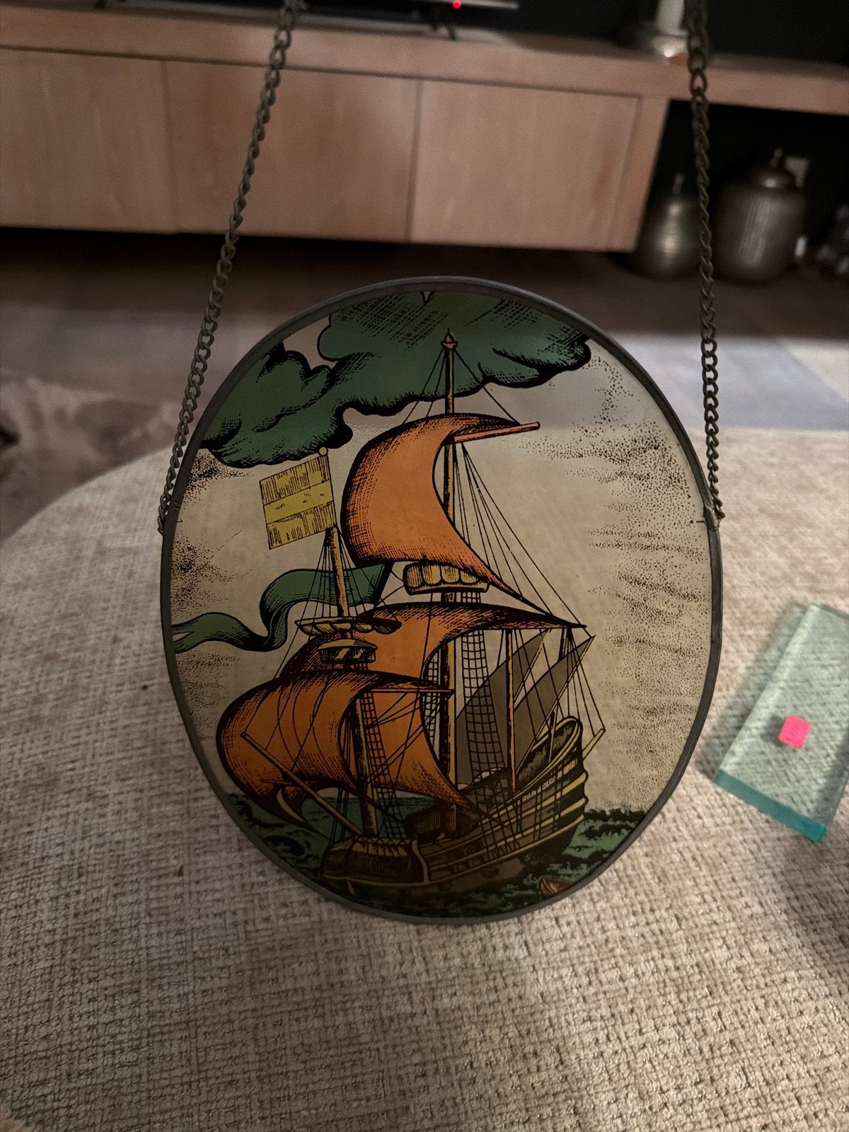 Vintage glas-in-lood raamhanger met zeilschip, Antiek en Kunst, Ophalen of Verzenden