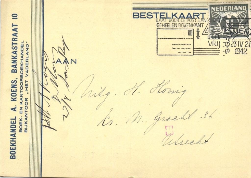 Boekhandel A. Koens, Den Haag - 04.1942 - bestelkaart, Ophalen of Verzenden, Briefkaart