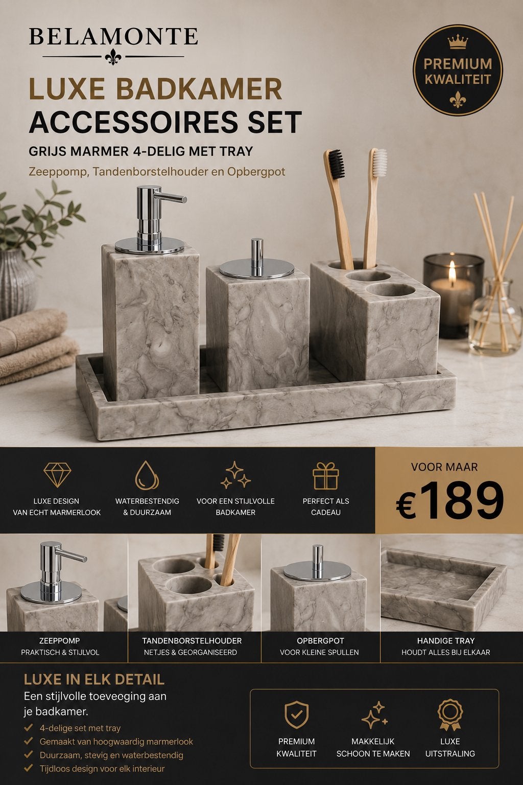 Belamonte Luxe Badkamer Accessoires Set - Grijs Marmer, Verzenden, Overige merken, Overige typen, Nieuw