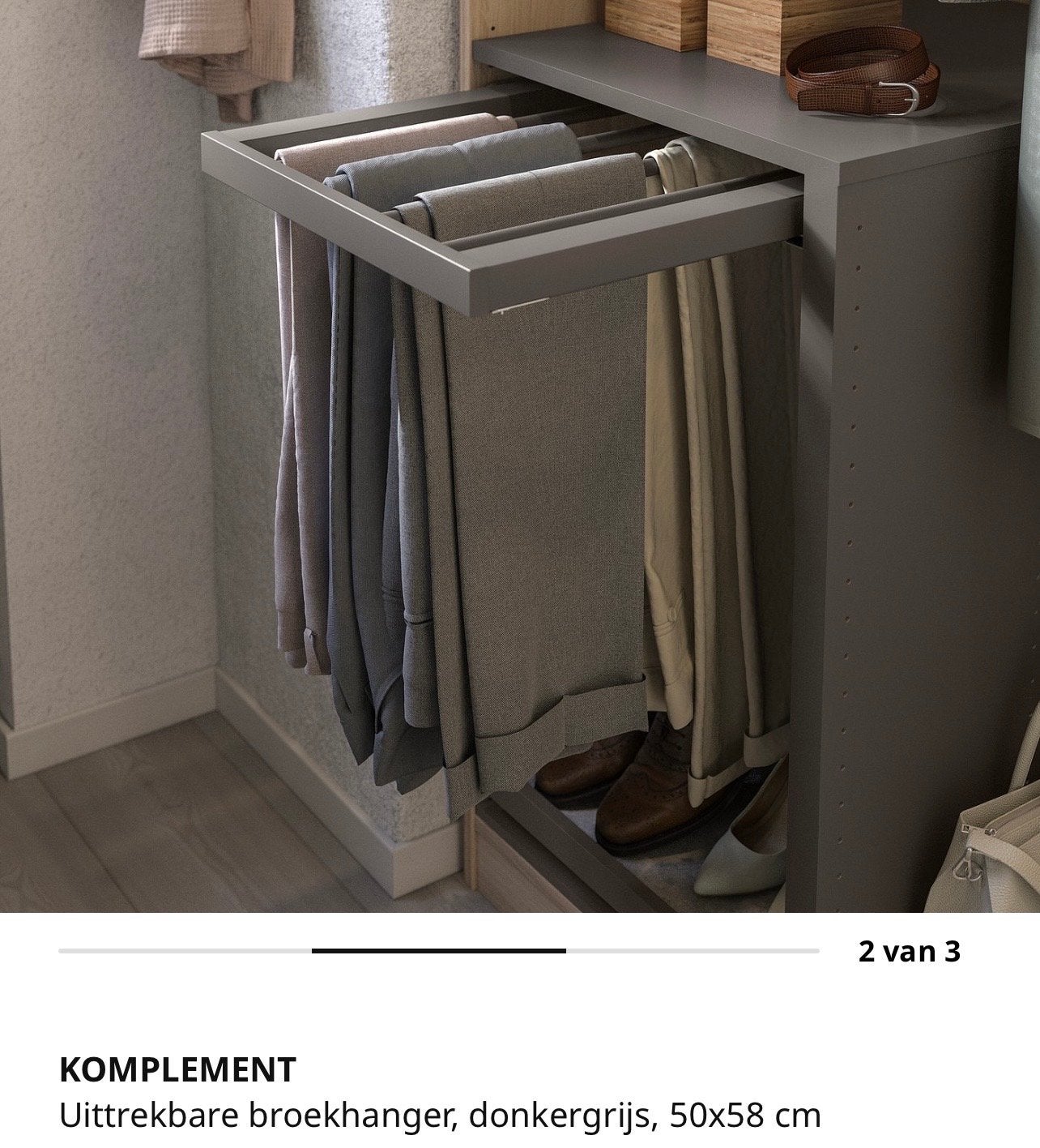 IKEA KOMPLEMENT Uittrekbare Broekhanger, donkergrijs, Ophalen, Zo goed als nieuw, Metaal, Volwassenen