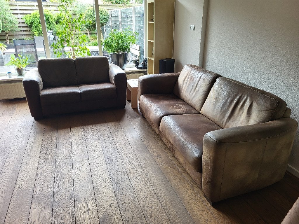 Mooie 3 en 2 zits bank leder/microvezel, Huis en Inrichting, Banken | Bankstellen, Ophalen, Gebruikt, 75 tot 100 cm, Rechte bank