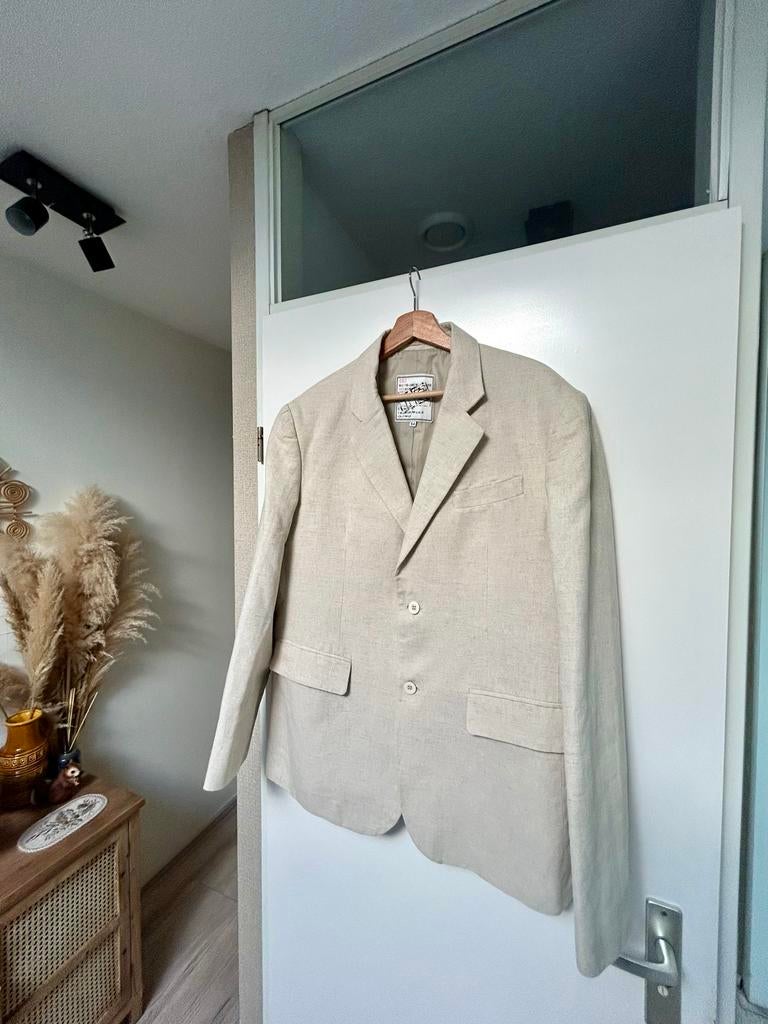Heren Linnen Katoen Kostuum - Zandkleurig Beige - Zomer, Verzenden, Gedragen, Maat 52/54 (L), Beige