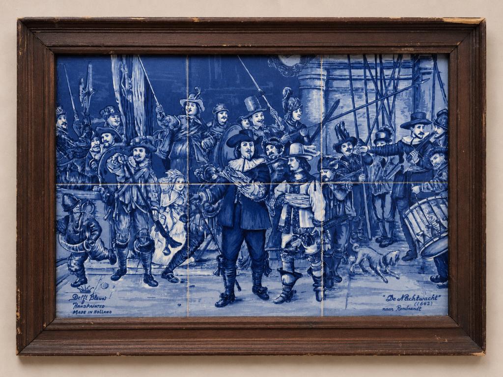 Delfts Blauw tegelschilderij De Nachtwacht – ingelijst, Ophalen of Verzenden