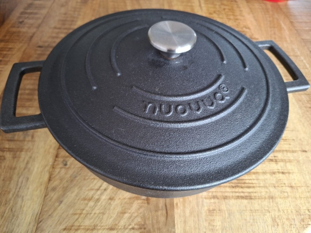 Gietijzeren hapjespan Nuovva 28 cm incl. gietijzeren deksel, Ophalen, Gebruikt, Gietijzer, Keramische plaat