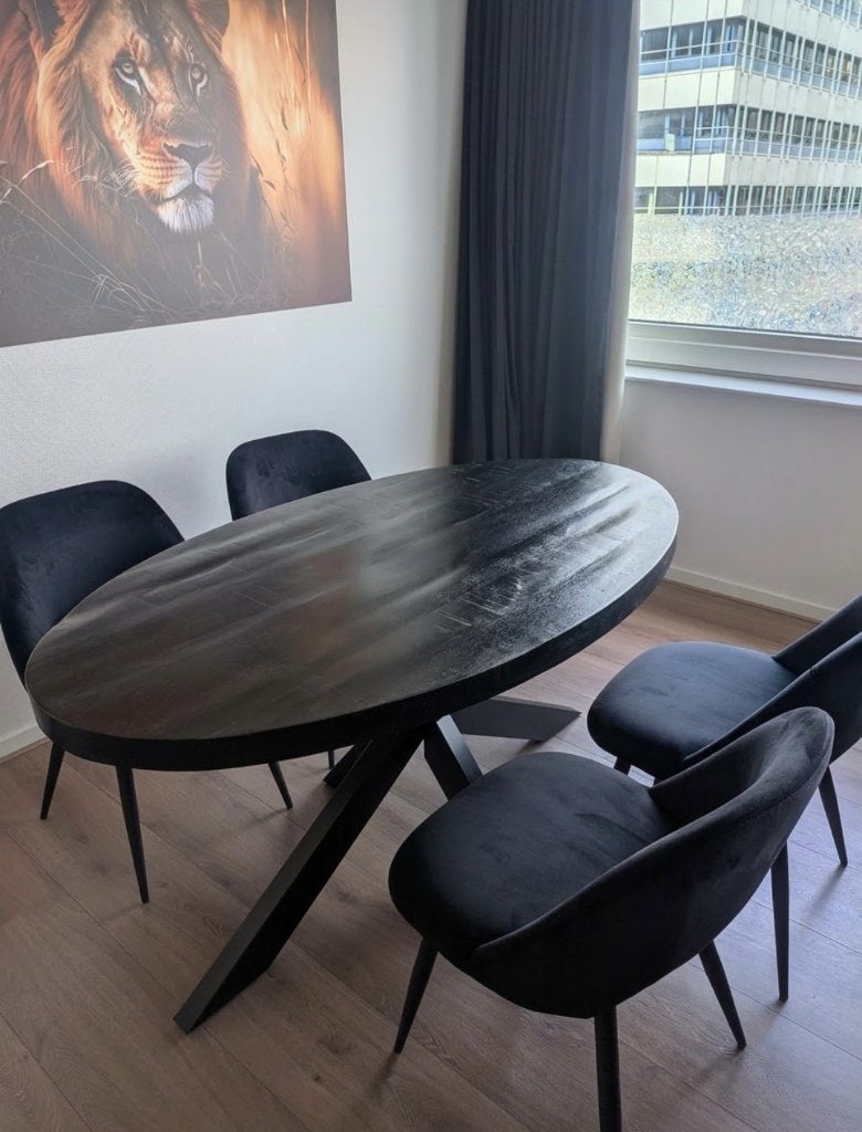 Ovale Mangohouten Tafel 160cm + 4 Zwarte Velvet Stoelen, Ophalen, Gebruikt, 50 tot 100 cm, Vier personen