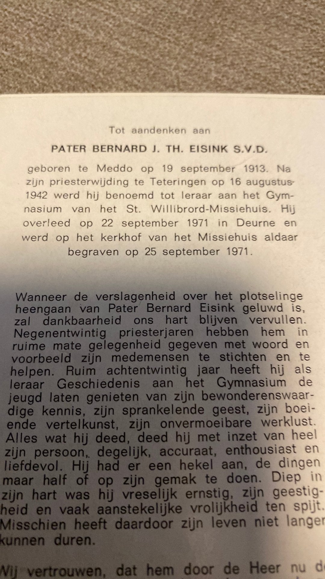 pater B Eisink 1913 Meddo 1971 Deurne Willibrord-Missiehuis, Ophalen of Verzenden