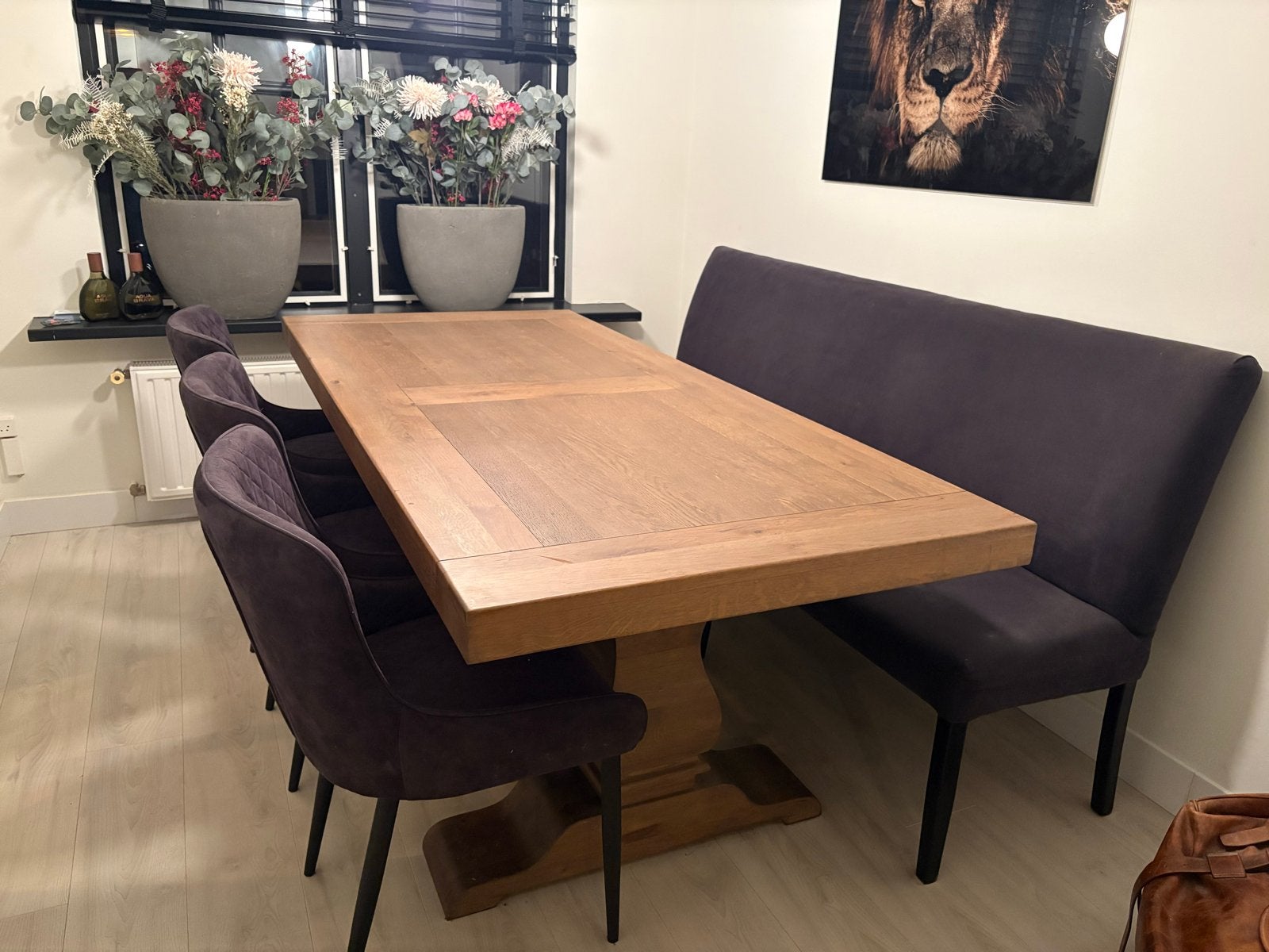 Eikenhouten eettafel met bank en stoelen, Ophalen, Gebruikt, Eikenhout, 50 tot 100 cm