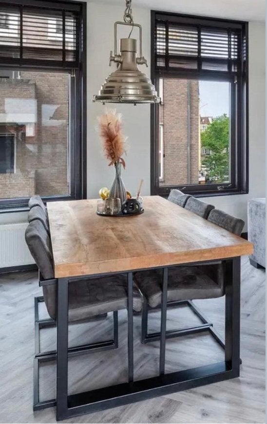 Massief Industriële eetkamerset 200x100, 6 stoelen,, Huis en Inrichting, Tafels | Eettafels, Ophalen, Eikenhout, 200 cm of meer