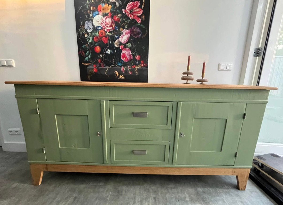 Prachtig gerestaureerd massief eiken dressoir, Ophalen, Zo goed als nieuw, 25 tot 50 cm, 150 tot 200 cm