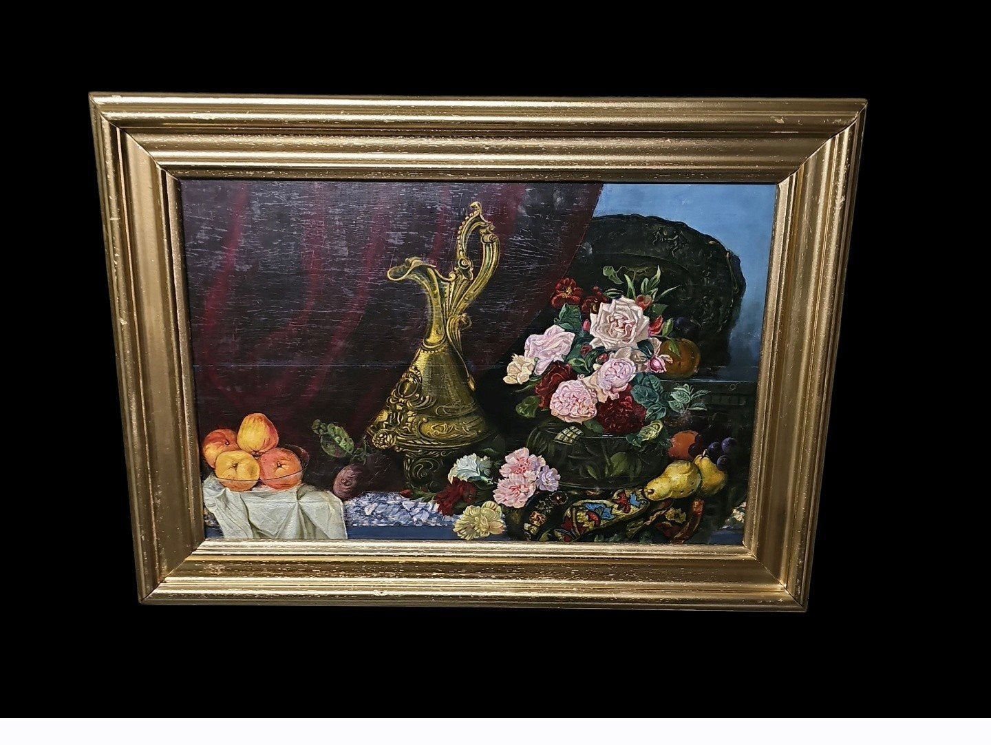 Antiek stilleven met bloemen en fruit.Gesigneerd, Ophalen of Verzenden