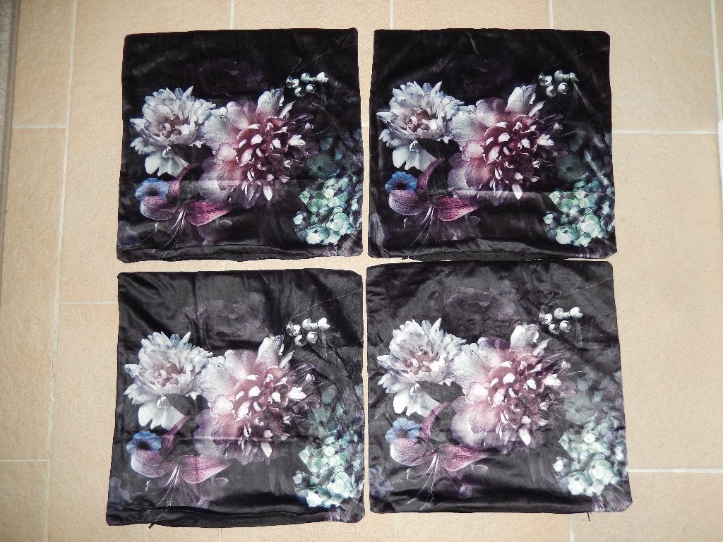 Nieuw 4x zwart wit roze lila gebloemde velours kussenhoesjes, Met print, Zwart, Vierkant, Nieuw