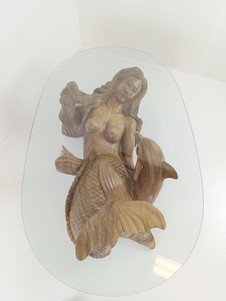 vintage zeemeermin salontafel met glazen blad, Ophalen of Verzenden