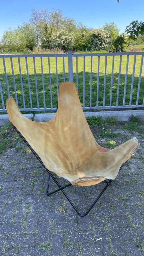 Leren Vlinderstoel - Vintage Stijl, Huis en Inrichting, Stoelen, Gebruikt, Bruin, Leer, Ophalen of Verzenden
