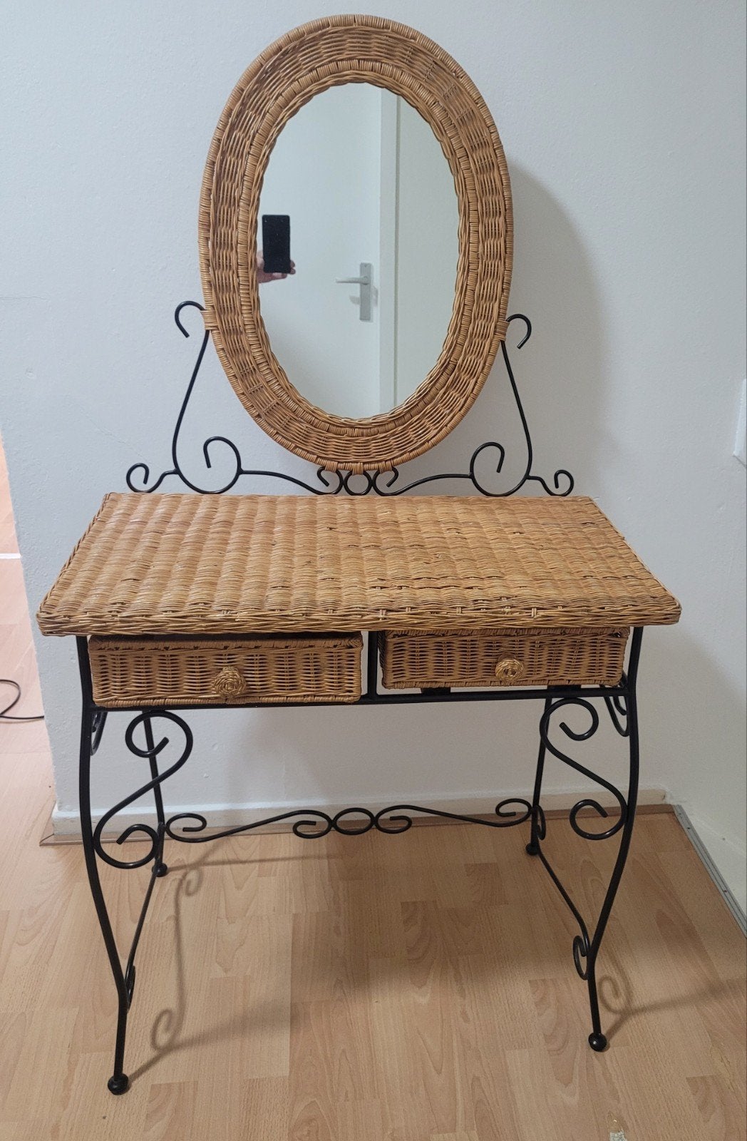 Rotan kaptafel met spiegel en lades, Huis en Inrichting, Tafels | Kaptafels, Ophalen, Gebruikt, 50 tot 100 cm, Hout
