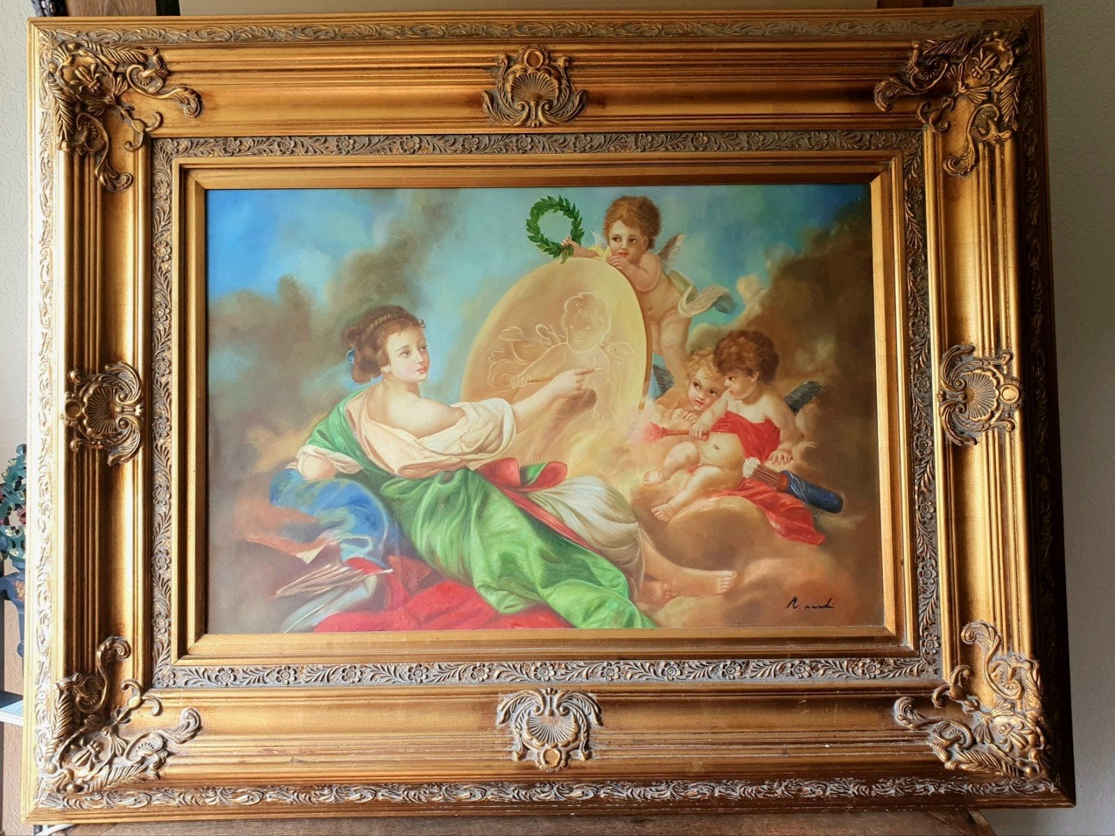 Groot gesigneerd schilderij met zeer zware lijst, 237x107cm, Antiek en Kunst, Kunst | Schilderijen | Klassiek, Ophalen, Ingelijst