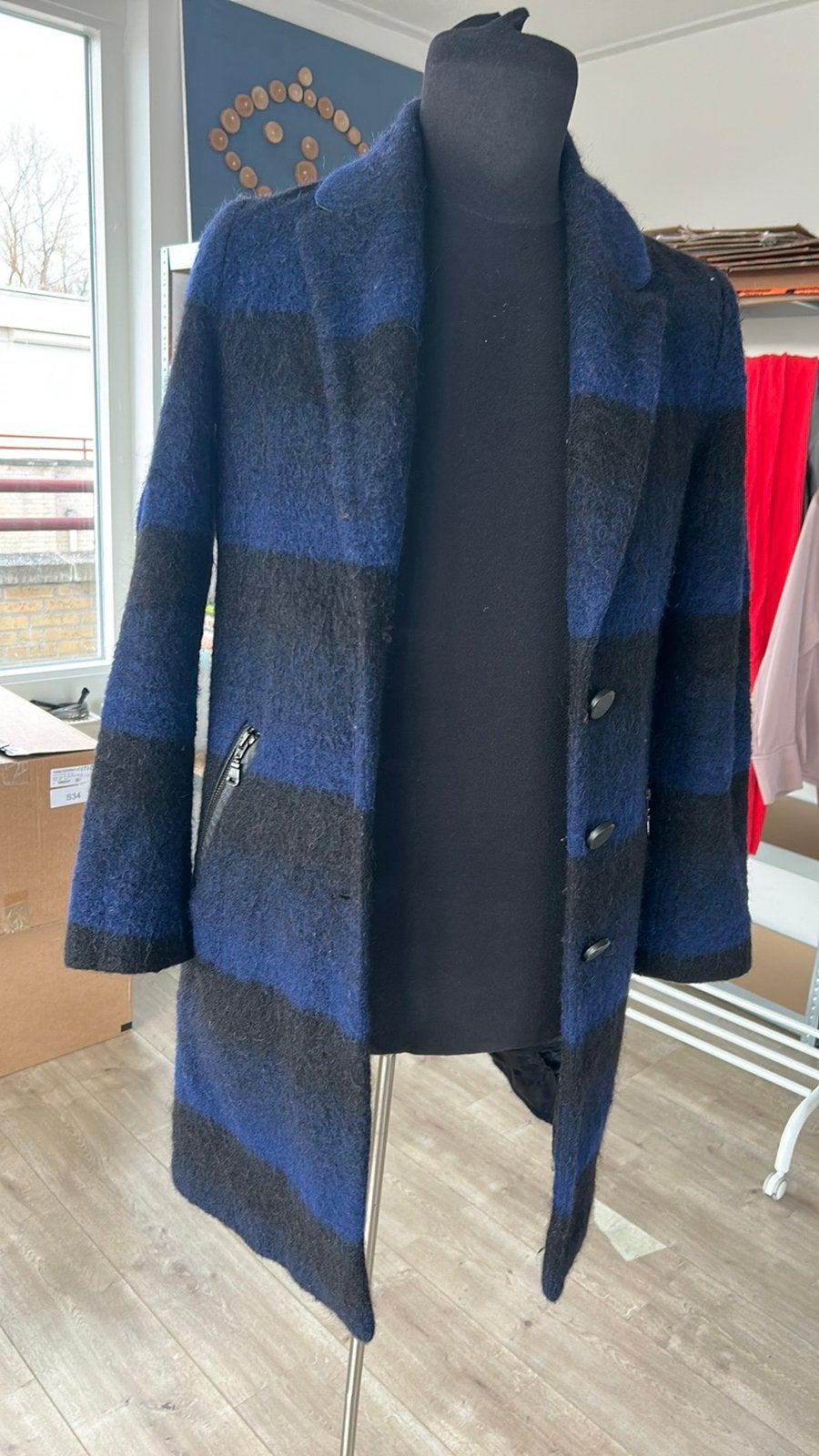 Expresso jas maat 36 wol mantel blauw zwart, Ophalen of Verzenden, Zo goed als nieuw, Maat 36 (S), Blauw