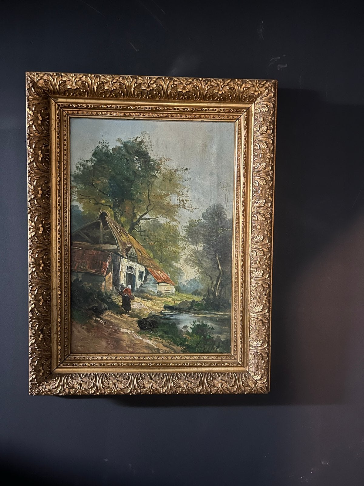 Antiek Schilderij: Landelijk Tafereel met Huisje en Rivier, Doek, Bijzondere lijst, Ophalen of Verzenden, Landschap