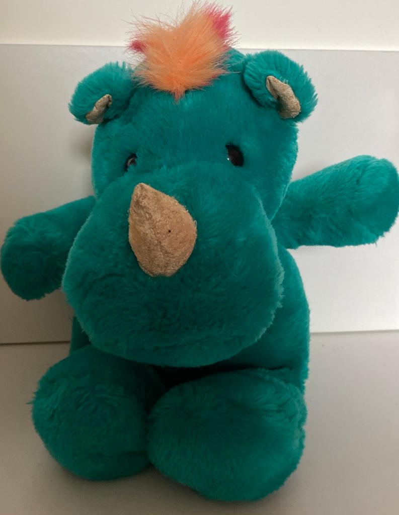 Groene neushoorn knuffel met oranje kuif, Overige merken, Overige karakters, Overige typen, Ophalen of Verzenden