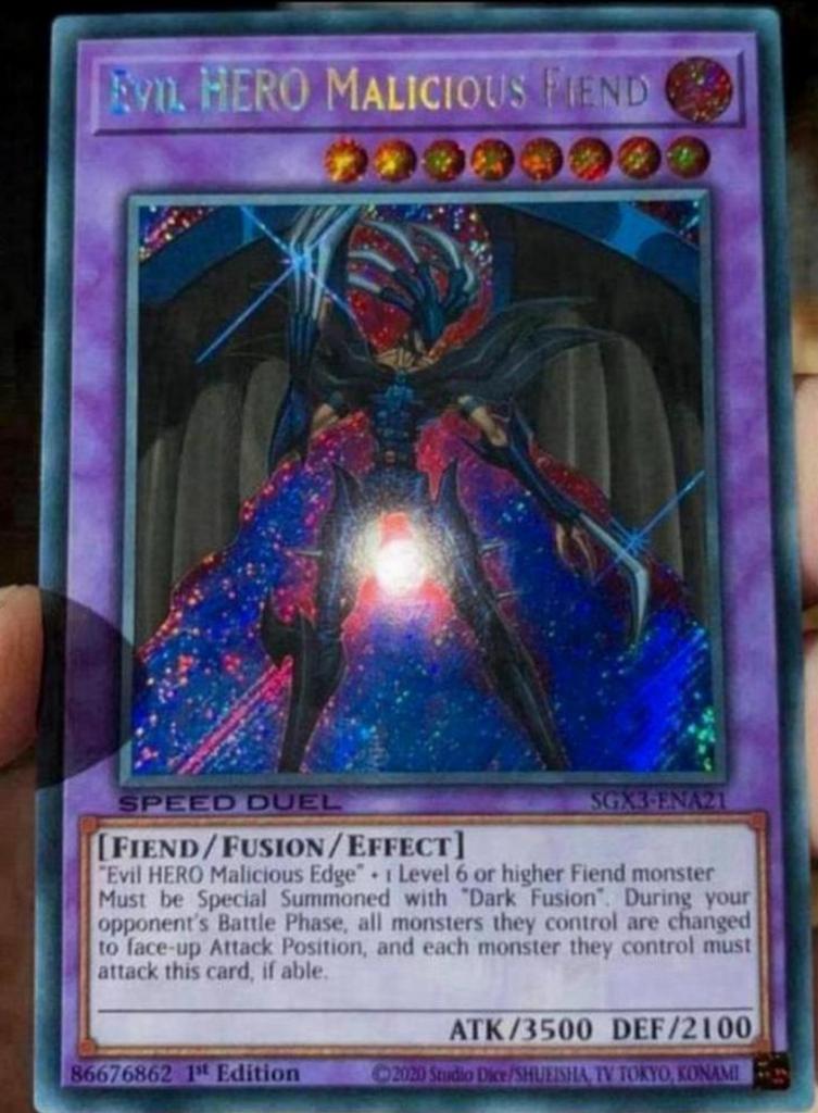 Yu-Gi-Oh! Evil HERO Malicious Fiend SGX3 1st Edition !, Ophalen of Verzenden, Zo goed als nieuw, Losse kaart, Foil