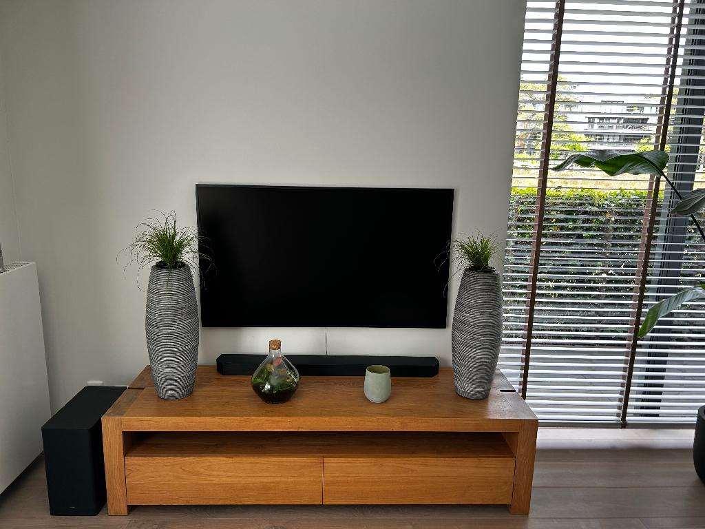 Teakhouten TV-meubel Double van Foucault, Ophalen, Modern teak, 150 tot 200 cm, Teakhout