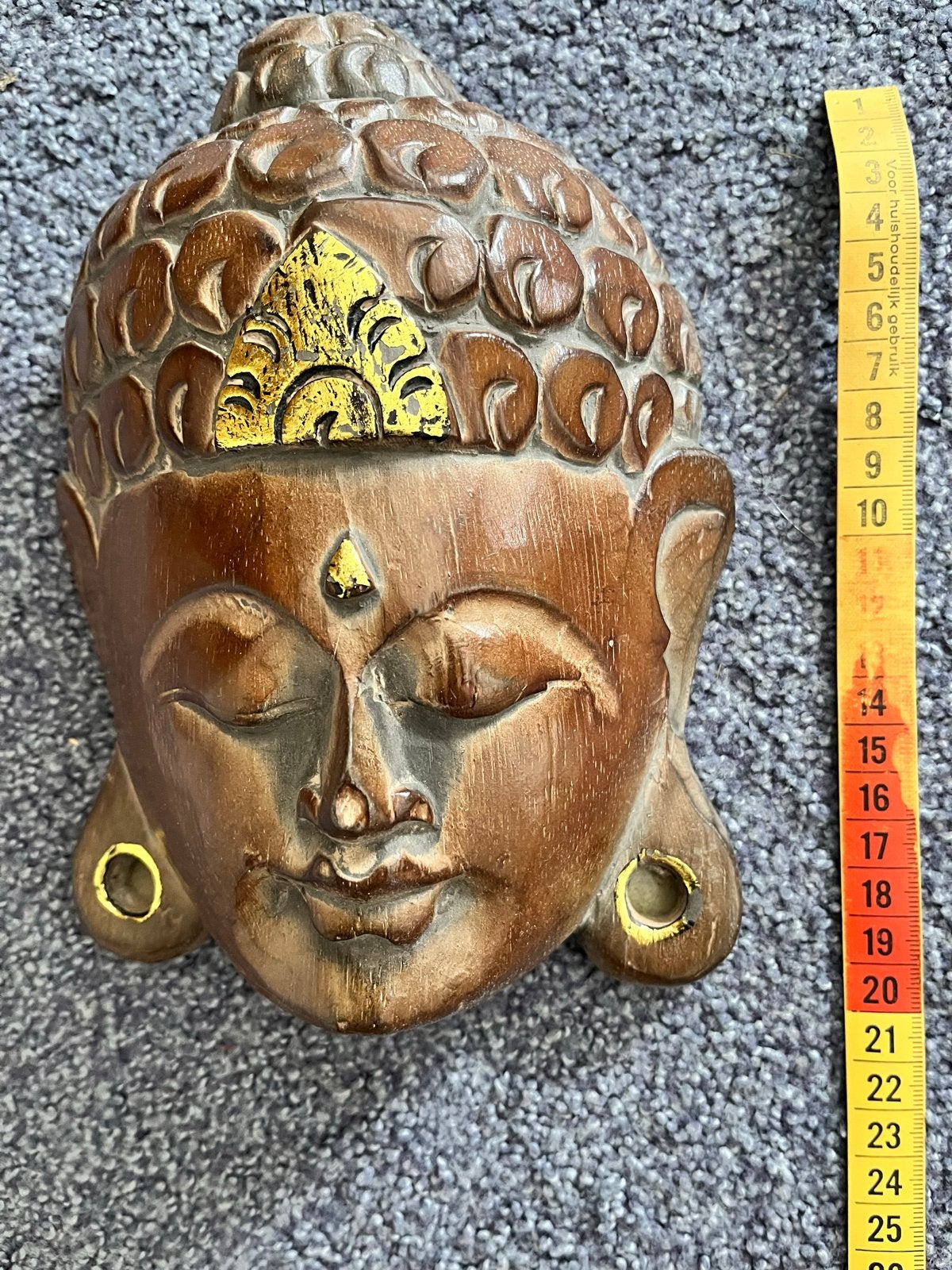 Boeddha Hoofd Houtsnijwerk - Handgemaakt met Gouden Accent, Ophalen of Verzenden, Zo goed als nieuw, Hout, Bruin