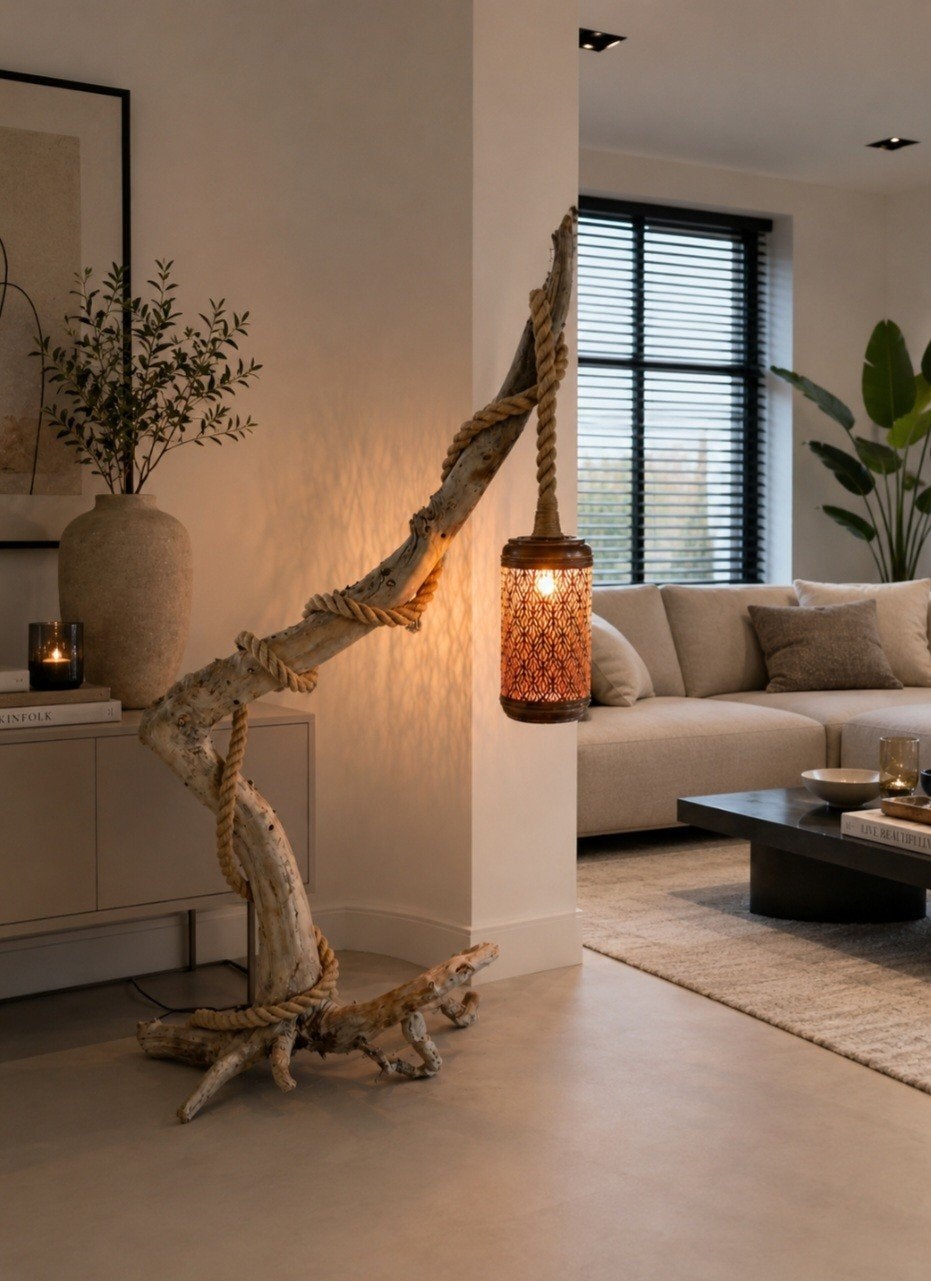 Landelijke staande lamp van drijfhout boomstronk, Ophalen, Stoer sober robuust landelijk drijfhout, Nieuw, E27 (groot)