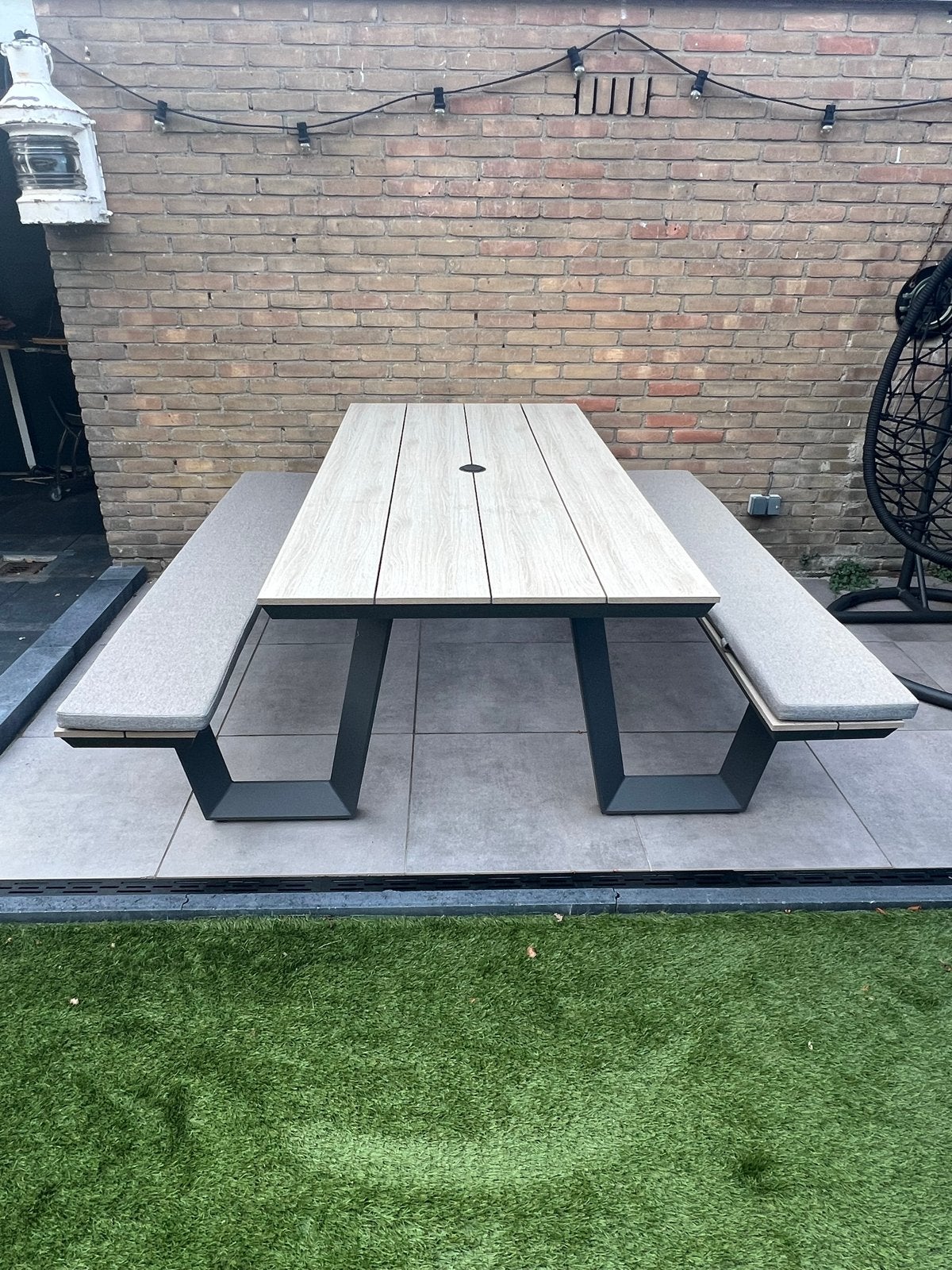 Picknicktafel 180cm Aluminium & Kunstof houtnerf als nieuw, Ophalen, Zo goed als nieuw, Rechthoekig, Aluminium