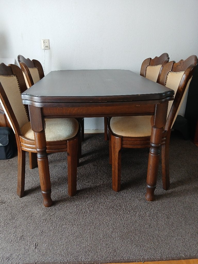 Zware eiken eethoek met 4 stoelen, Ophalen, Gebruikt, 100 tot 150 cm, Klassiek