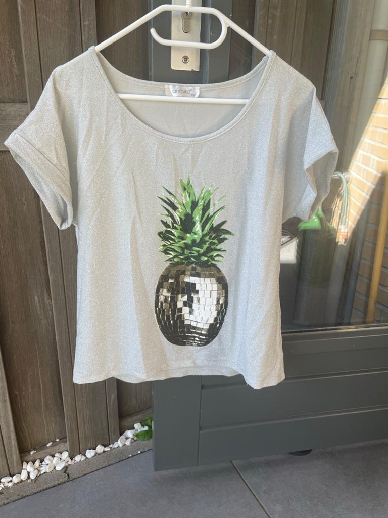 Dames blouse S/M met ananas print - Zo goed als nieuw, Ophalen of Verzenden, Zo goed als nieuw, Maat 36 (S), Grijs