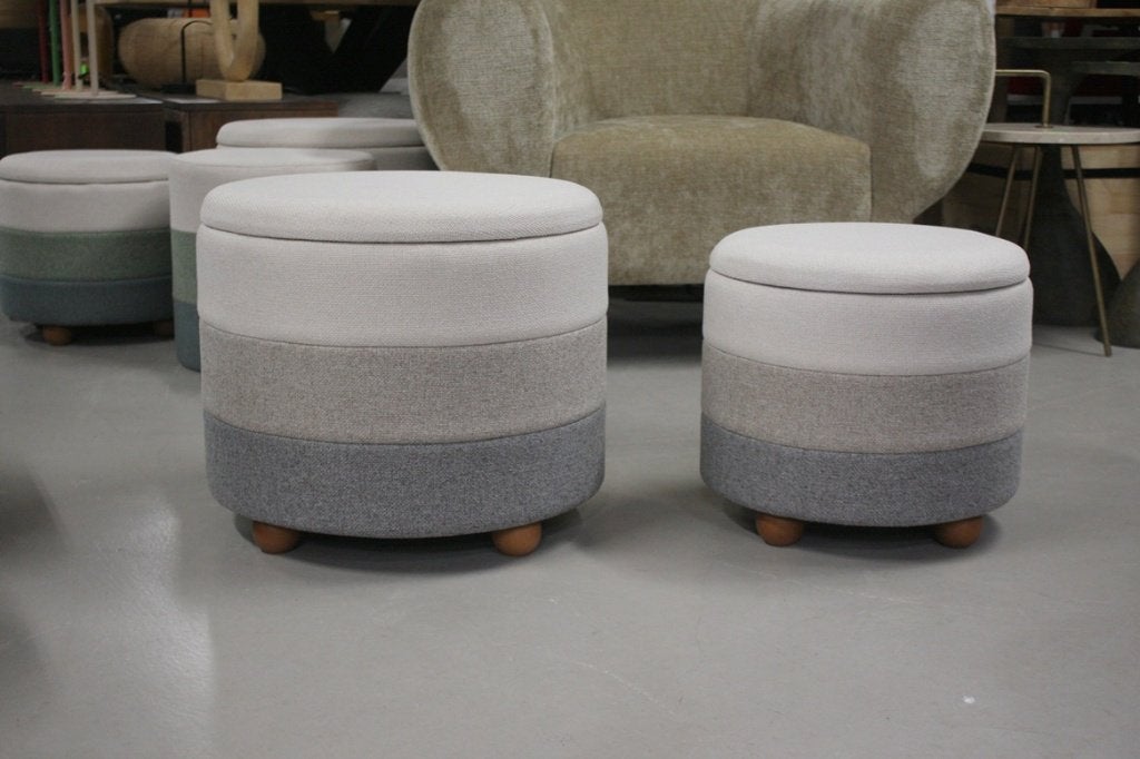 Ronde poef hocker stof naturel met opbergvak (set van 2)