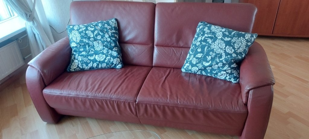 Te koop: Mooie echt lederen 3 zits bank Bordeauxrood., Ophalen, Gebruikt, 200 tot 250 cm, Leer
