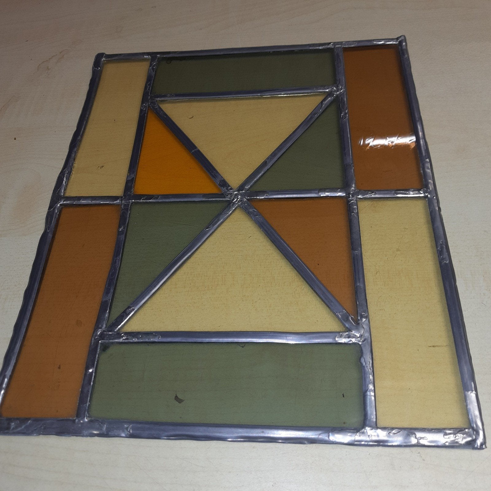 Vintage Glas-in-lood raampje geometrisch design, Ophalen of Verzenden