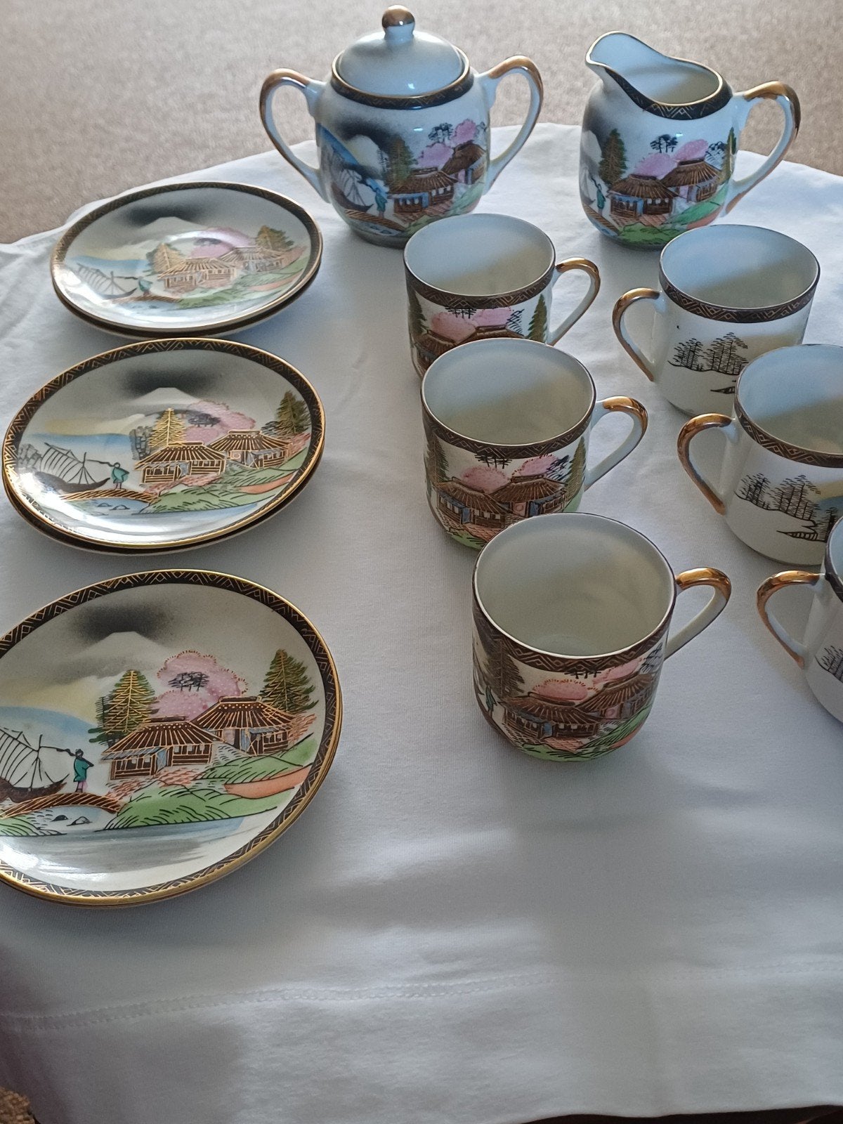 Vintage Japans theeservies met landschap decor, Ophalen of Verzenden