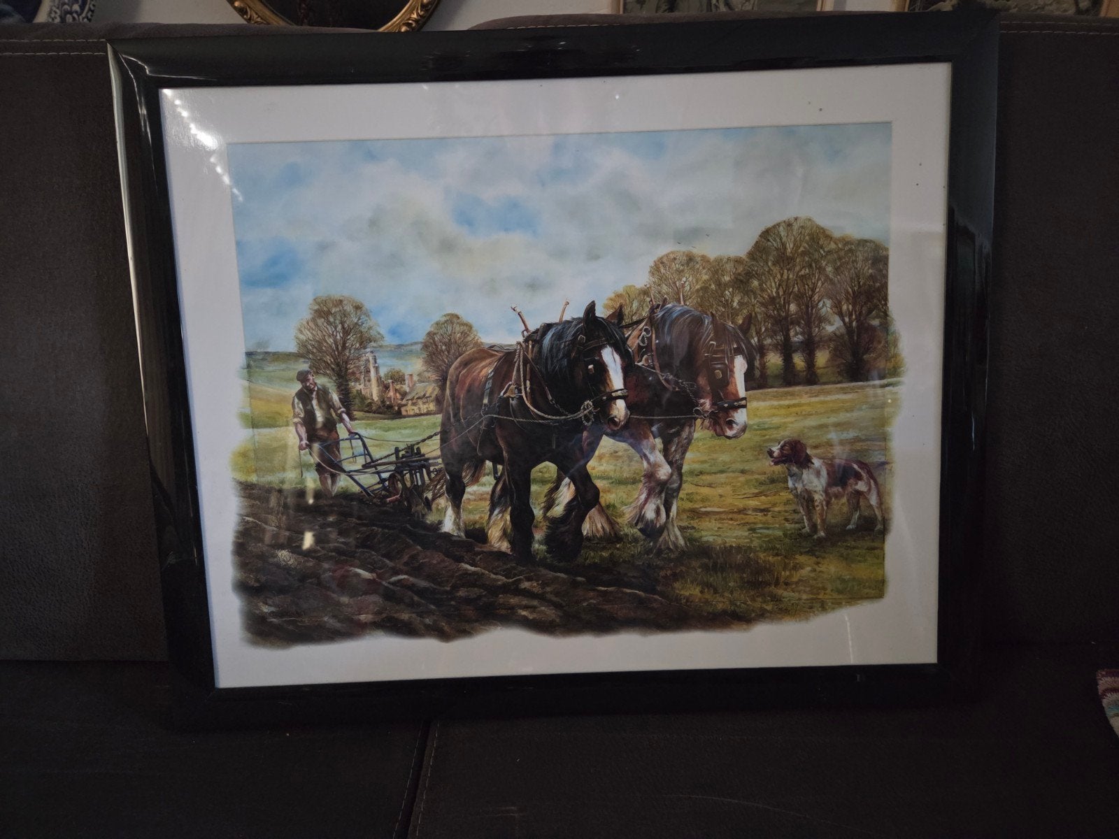 Klassiek schilderij: Ploegende boer met paarden en hond, Ophalen of Verzenden