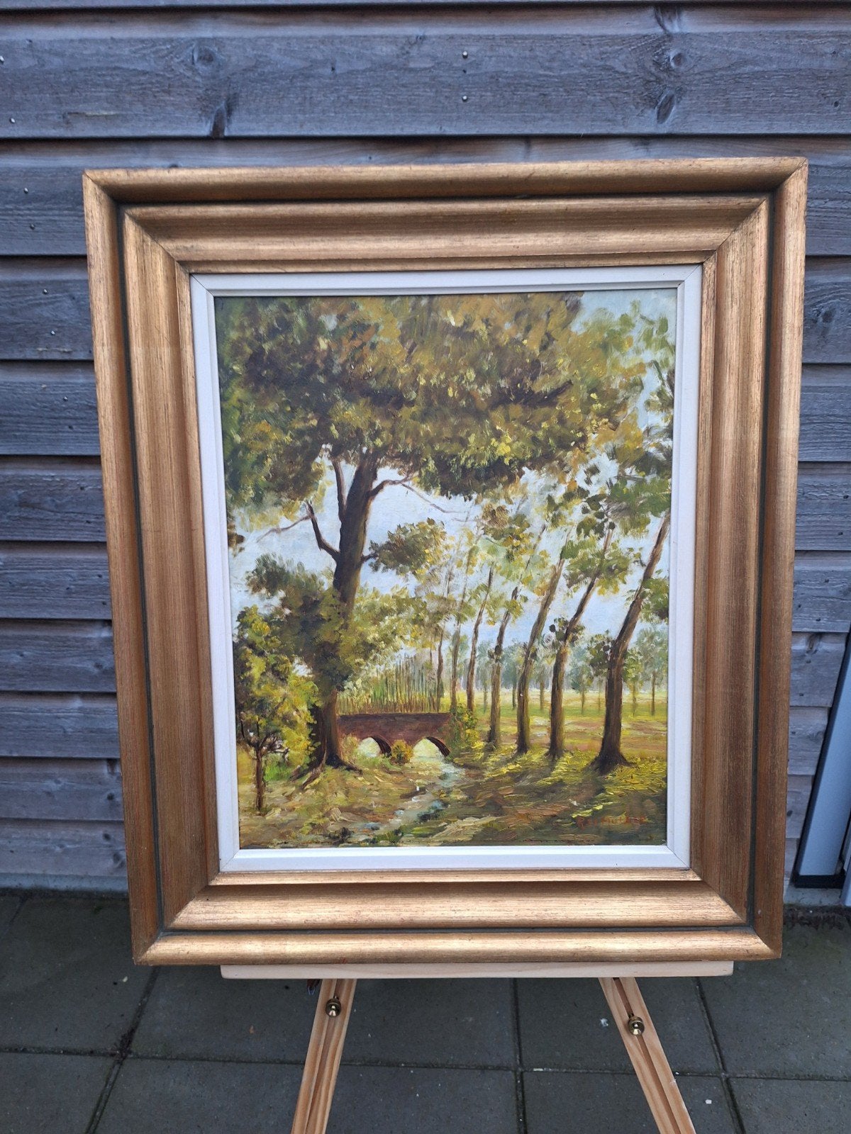 Schilderij met brug en bomen, gesigneerd R. de Mulder, Ophalen of Verzenden